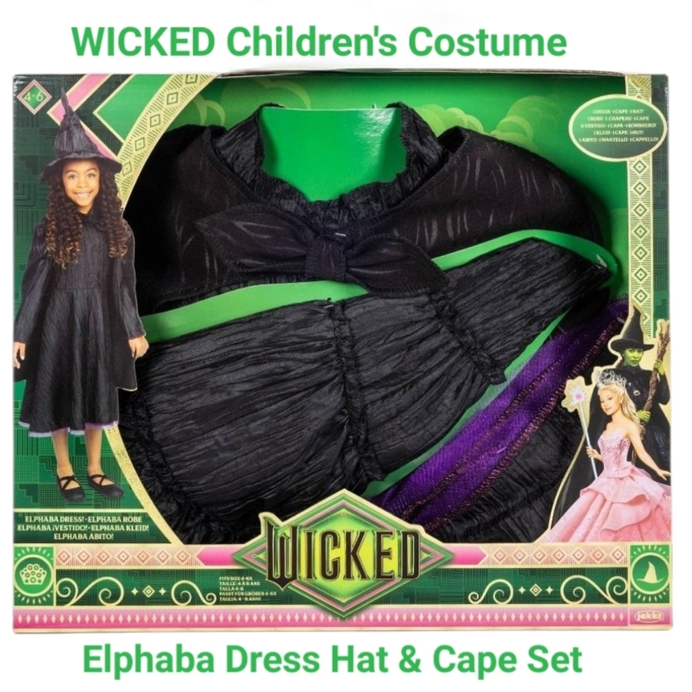 NEW Wicked Deluxe Elphaba Dress Up Set 4-6X Black Witch Costume Dress Cape Hat